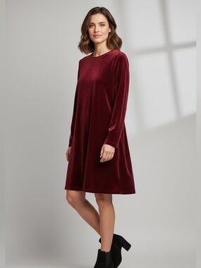 Eileen Fisher Lux Silk Velvet Crew Shift Neck Dress Long Sleeve Red NEW $348